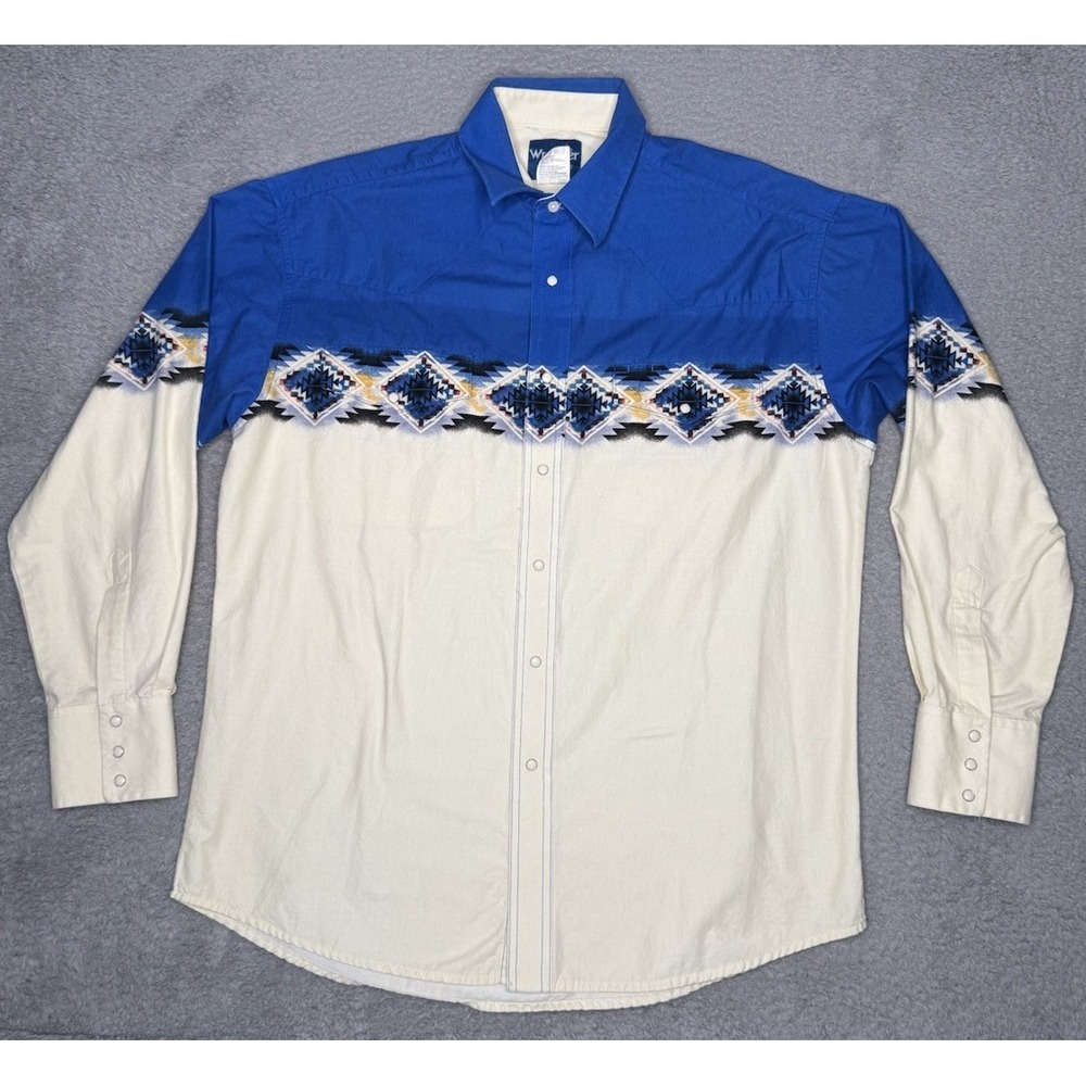 Vintage Wrangler Western Shirts Mens Large White/Blue Aztec Pearl Snap Button Up